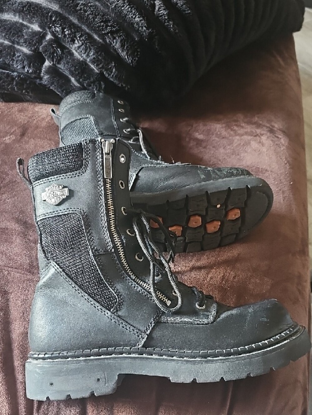 Harley-Davidson Black Leather Lace-Up Side-Zip Motorcycle Boots - Picture 4 of 6